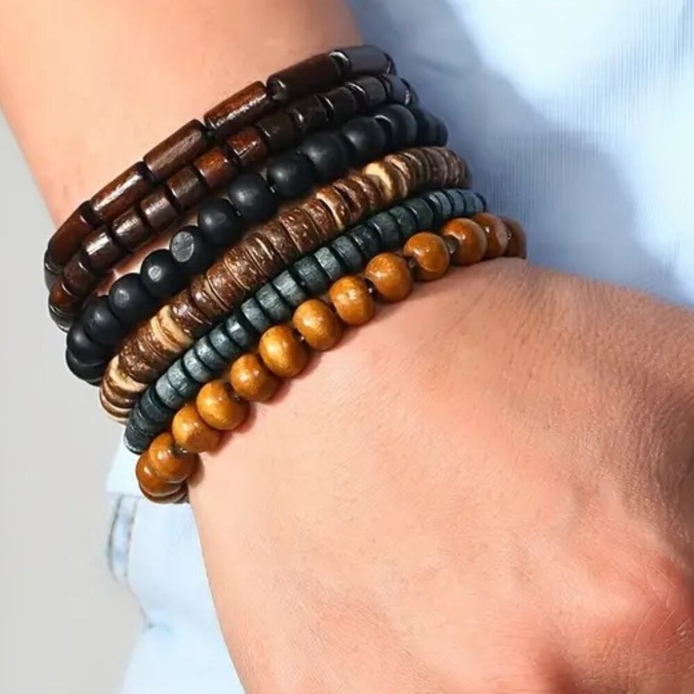 Bracelet Wood Bead Cuff 6pc Wrist Rock Edgy Boho Unisex Men's Trendy Stylish Fun